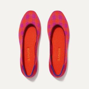 Rothy’s Square toe flats in the color Pomegranate Gingham.